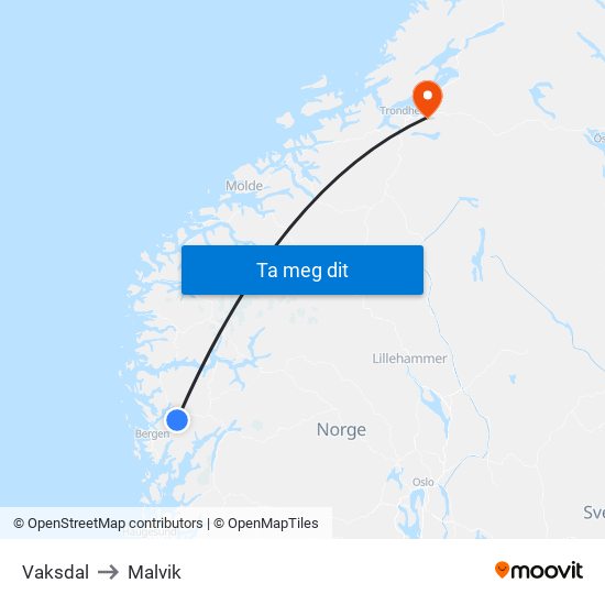 Vaksdal to Malvik map