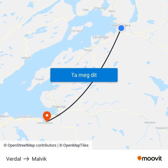 Verdal to Malvik map