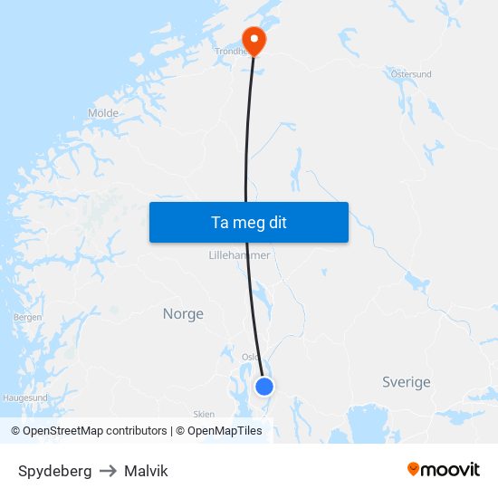Spydeberg to Malvik map
