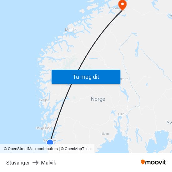 Stavanger to Malvik map