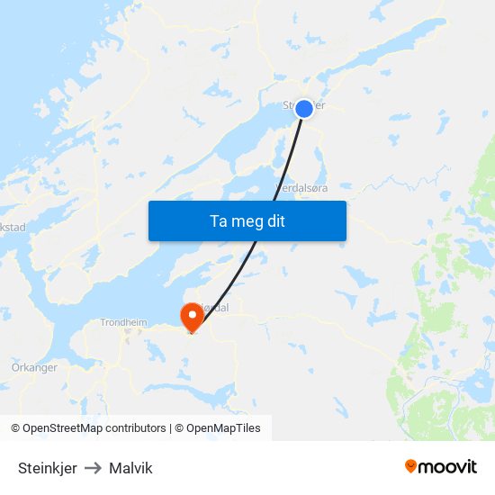 Steinkjer to Malvik map