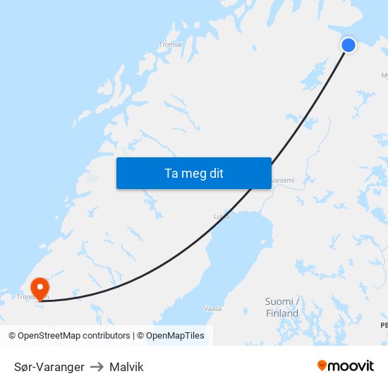 Sør-Varanger to Malvik map