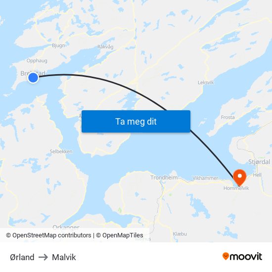 Ørland to Malvik map