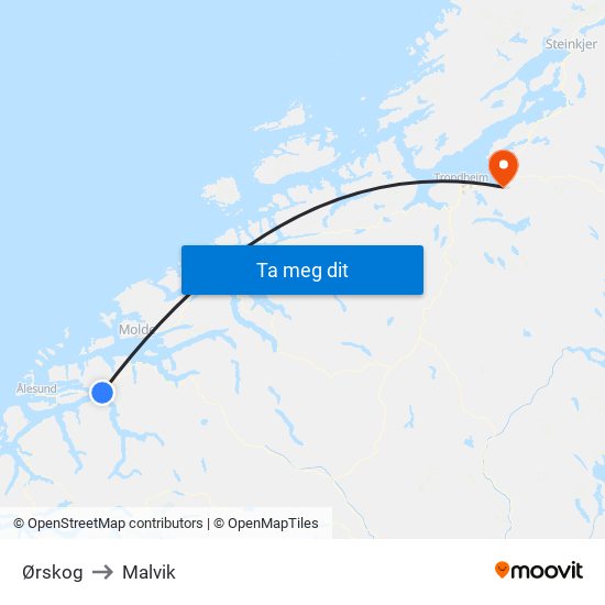 Ørskog to Malvik map