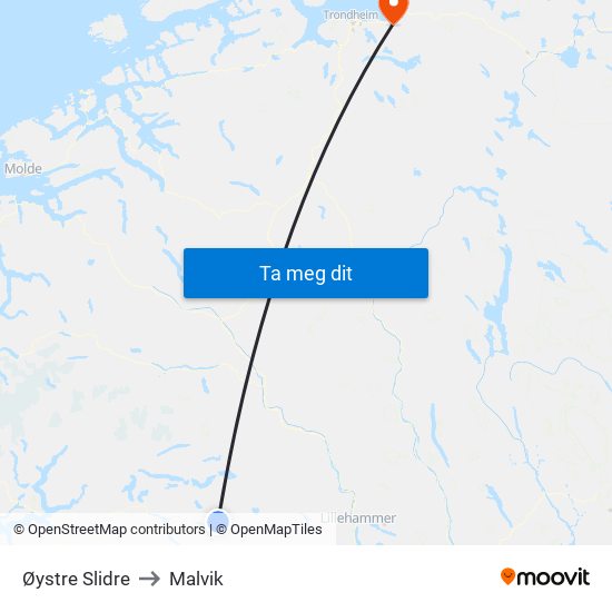 Øystre Slidre to Malvik map