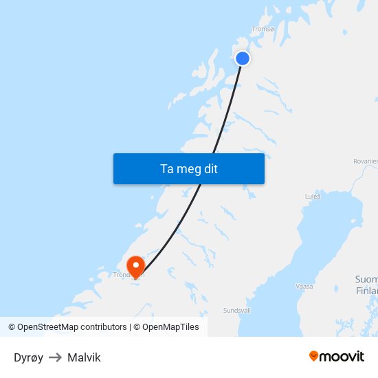 Dyrøy to Malvik map