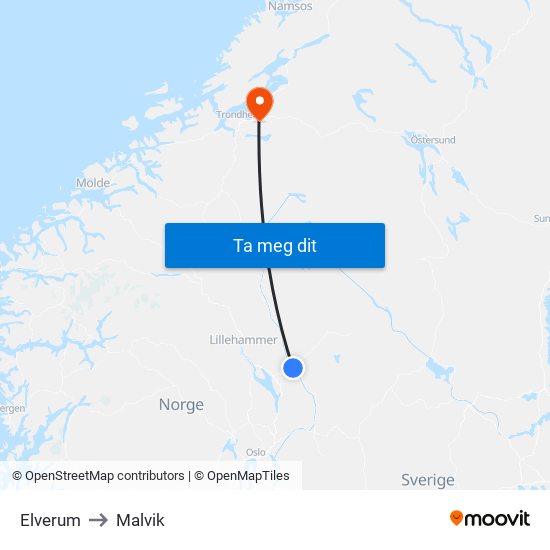 Elverum to Malvik map