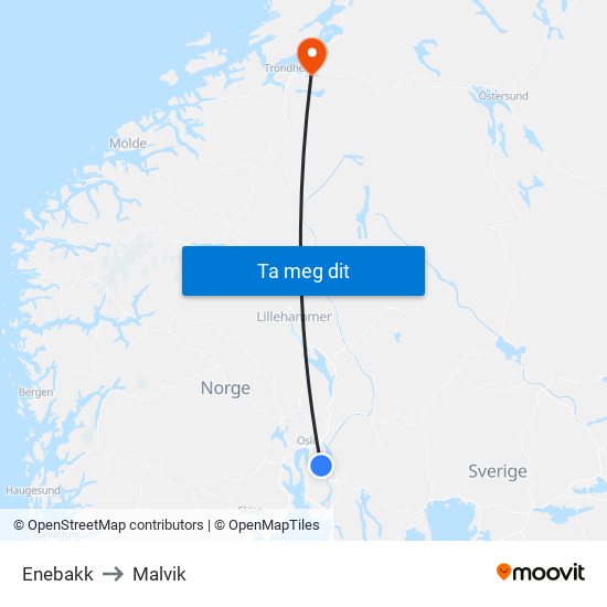 Enebakk to Malvik map