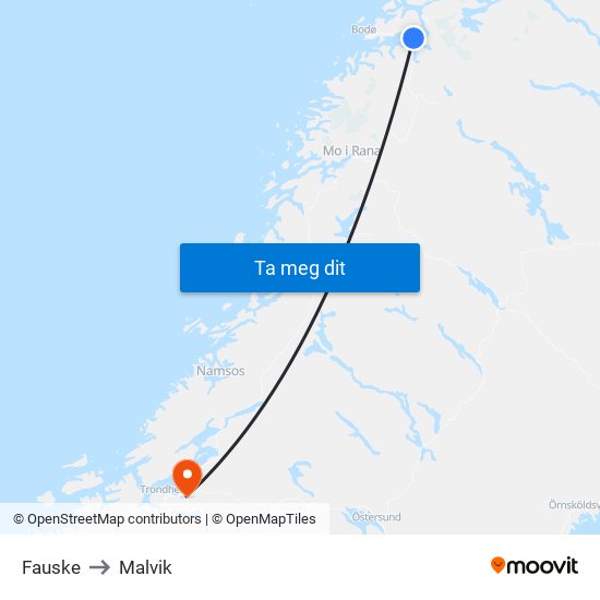 Fauske to Malvik map
