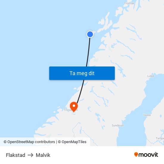 Flakstad to Malvik map