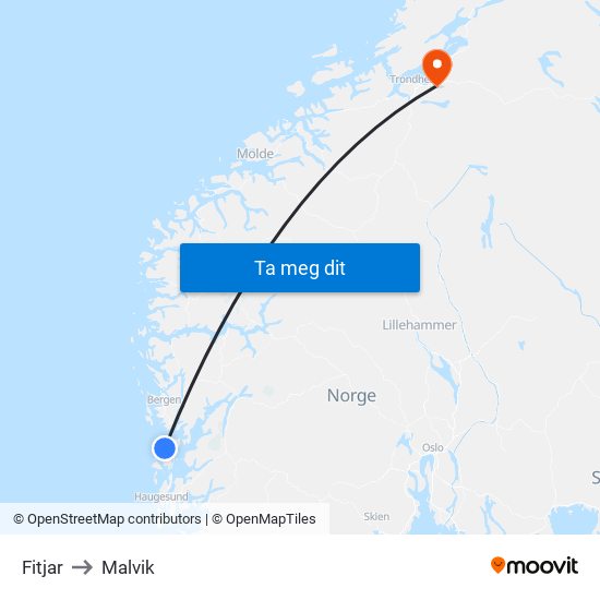 Fitjar to Malvik map