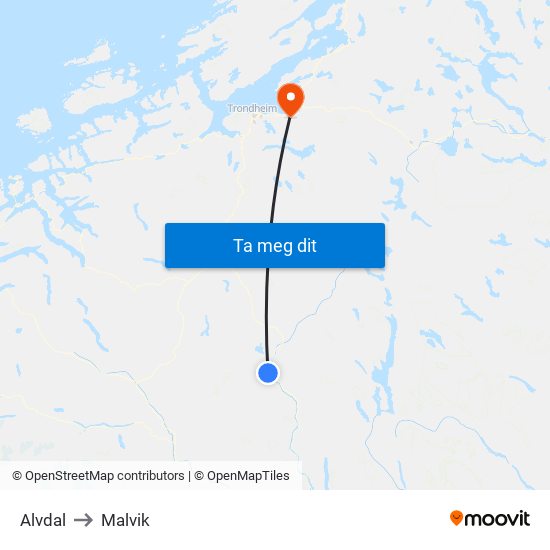 Alvdal to Malvik map