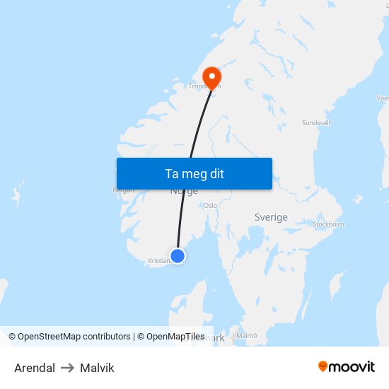 Arendal to Malvik map