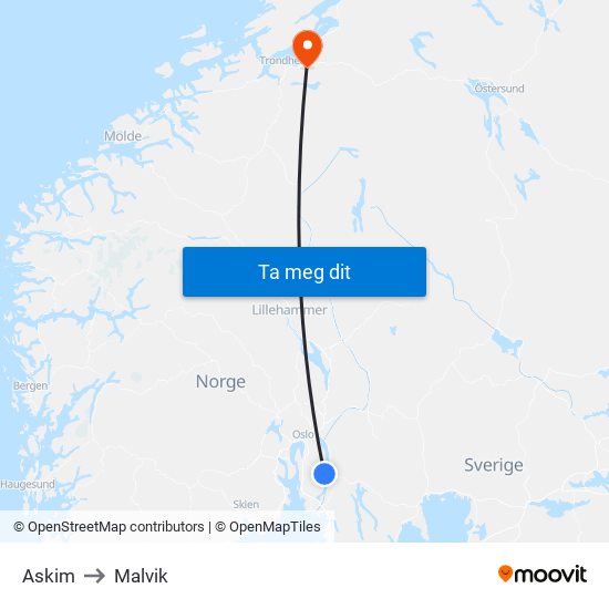 Askim to Malvik map