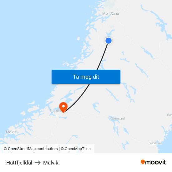 Hattfjelldal to Malvik map