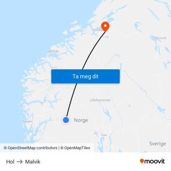 Hol to Malvik map