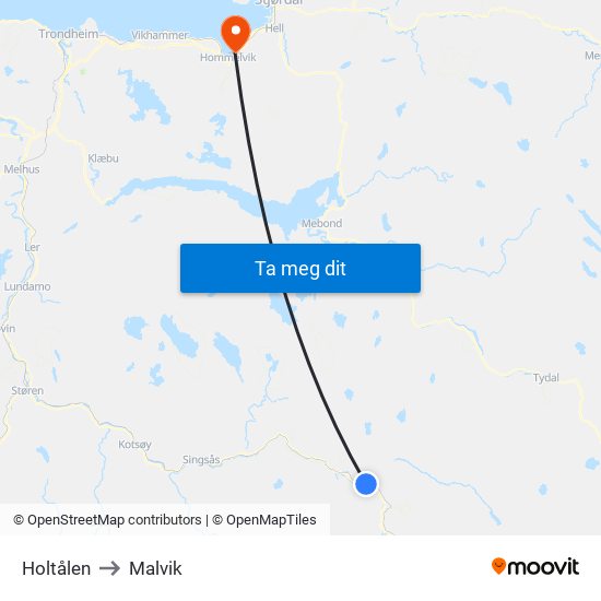 Holtålen to Malvik map
