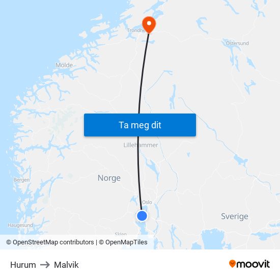 Hurum to Malvik map