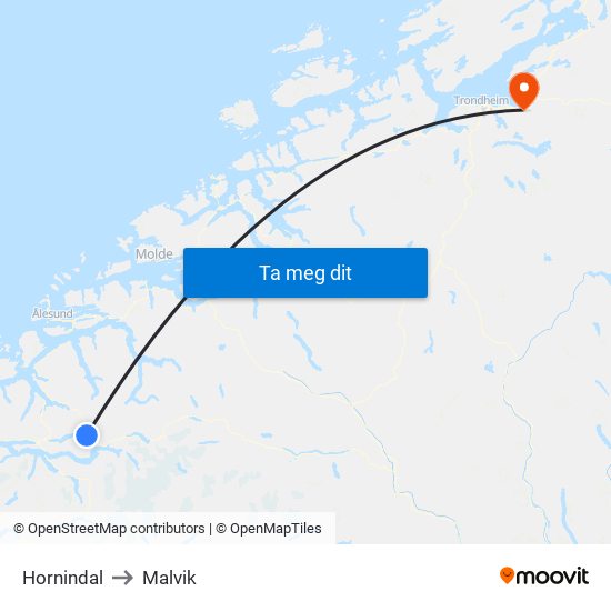Hornindal to Malvik map