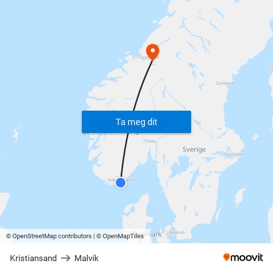 Kristiansand to Malvik map