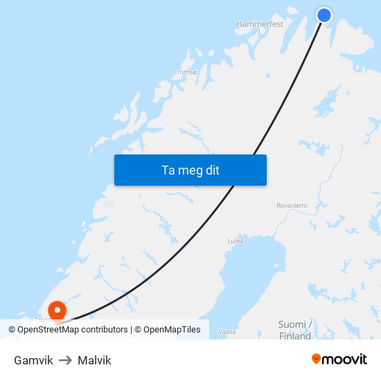 Gamvik to Malvik map