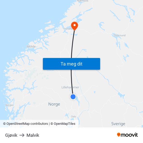 Gjøvik to Malvik map