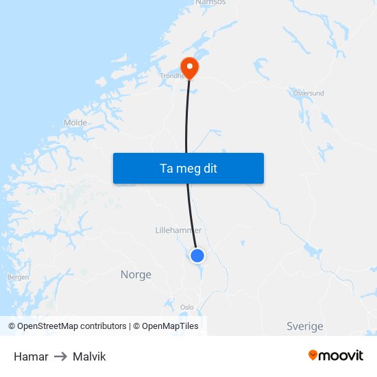 Hamar to Malvik map