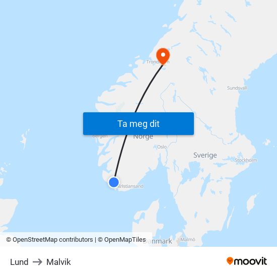 Lund to Malvik map