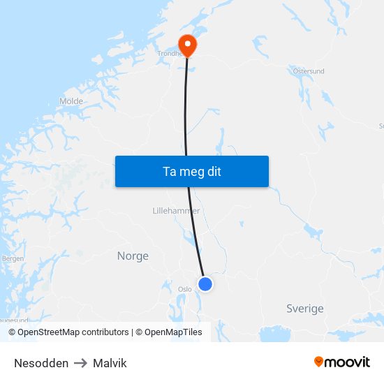 Nesodden to Malvik map