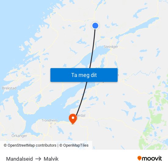 Mandalseid to Malvik map