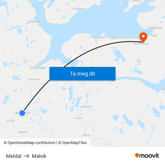 Meldal to Malvik map