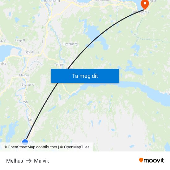 Melhus to Malvik map