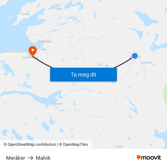 Meråker to Malvik map