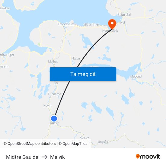 Midtre Gauldal to Malvik map