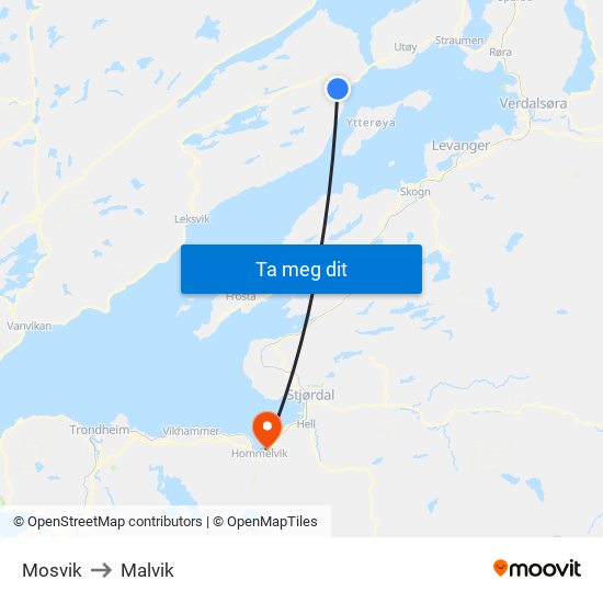 Mosvik to Malvik map