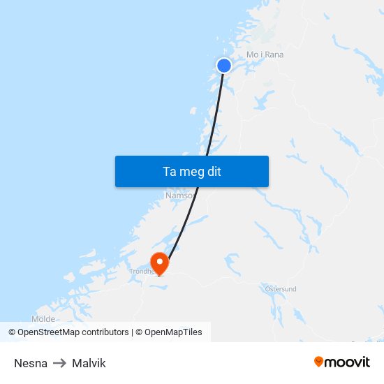 Nesna to Malvik map