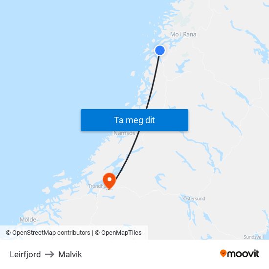 Leirfjord to Malvik map