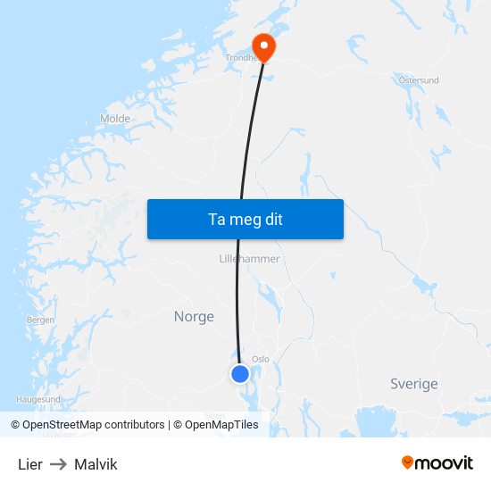 Lier to Malvik map