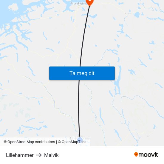 Lillehammer to Malvik map