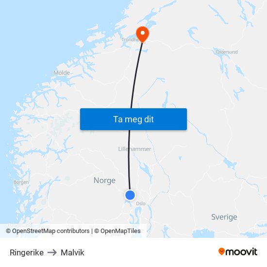 Ringerike to Malvik map