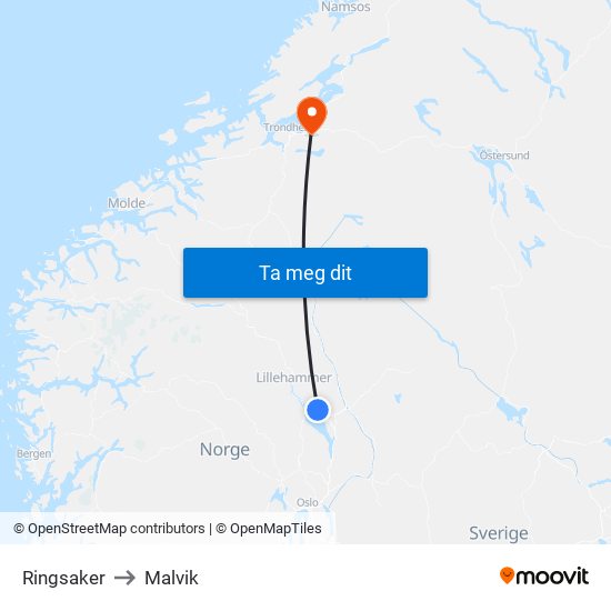 Ringsaker to Malvik map