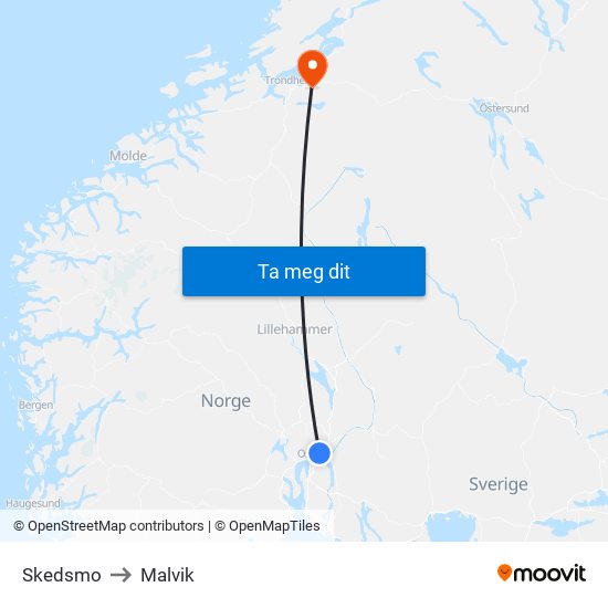 Skedsmo to Malvik map