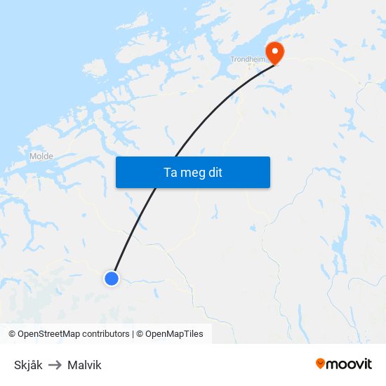 Skjåk to Malvik map