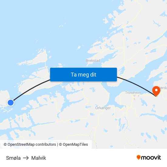 Smøla to Malvik map