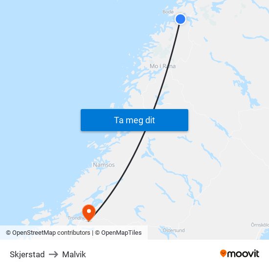 Skjerstad to Malvik map