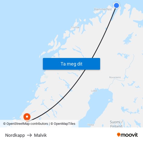 Nordkapp to Malvik map
