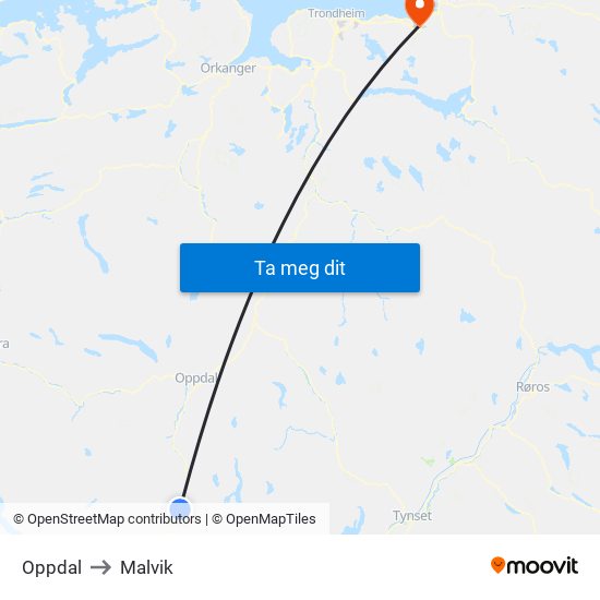 Oppdal to Malvik map