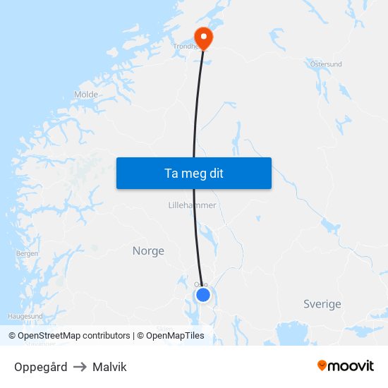 Oppegård to Malvik map