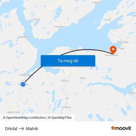 Orkdal to Malvik map