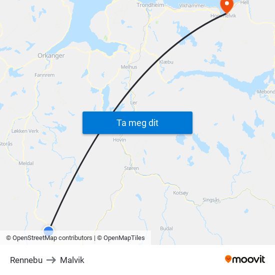 Rennebu to Malvik map